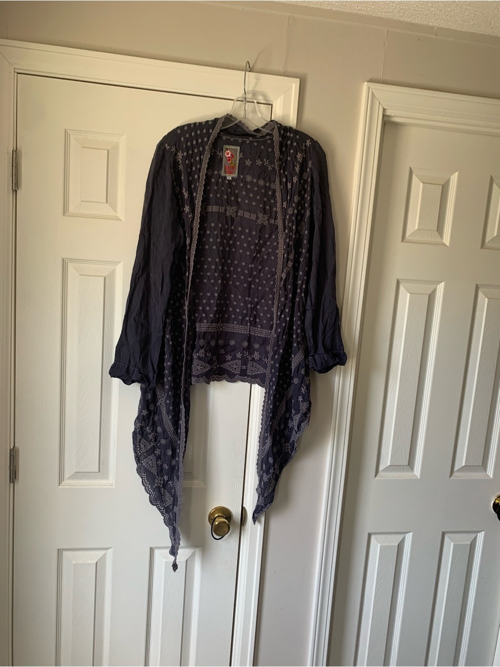 Johnny Was Navy Embroidered Floral Trim Top